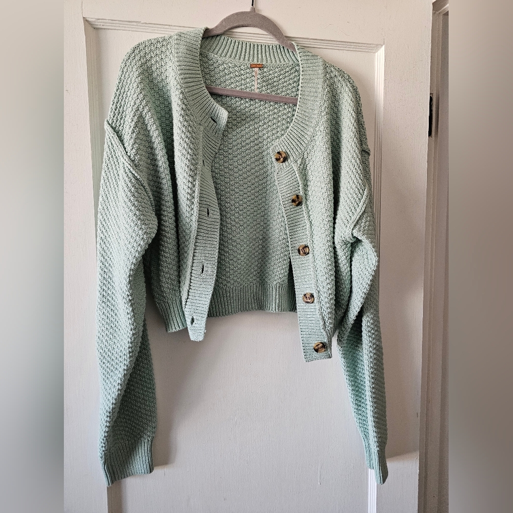 Free People Light Mint Green High Button-Up Cardigan
